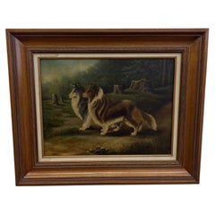 Tableau à l'huile ancien, encadré, représentant deux chiens de race Colli dans un paysage boisé.