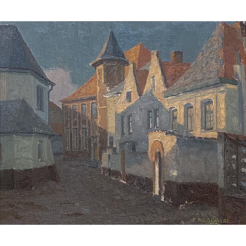 Antique Framed Oil Painting on Board by Antoon DeVaere (1900-1989) captures the mystique of the quaint little alleys of the old towns and cities of Belgium, with cobblestone paving and sturdy structures designed to last for centuries quite unlike