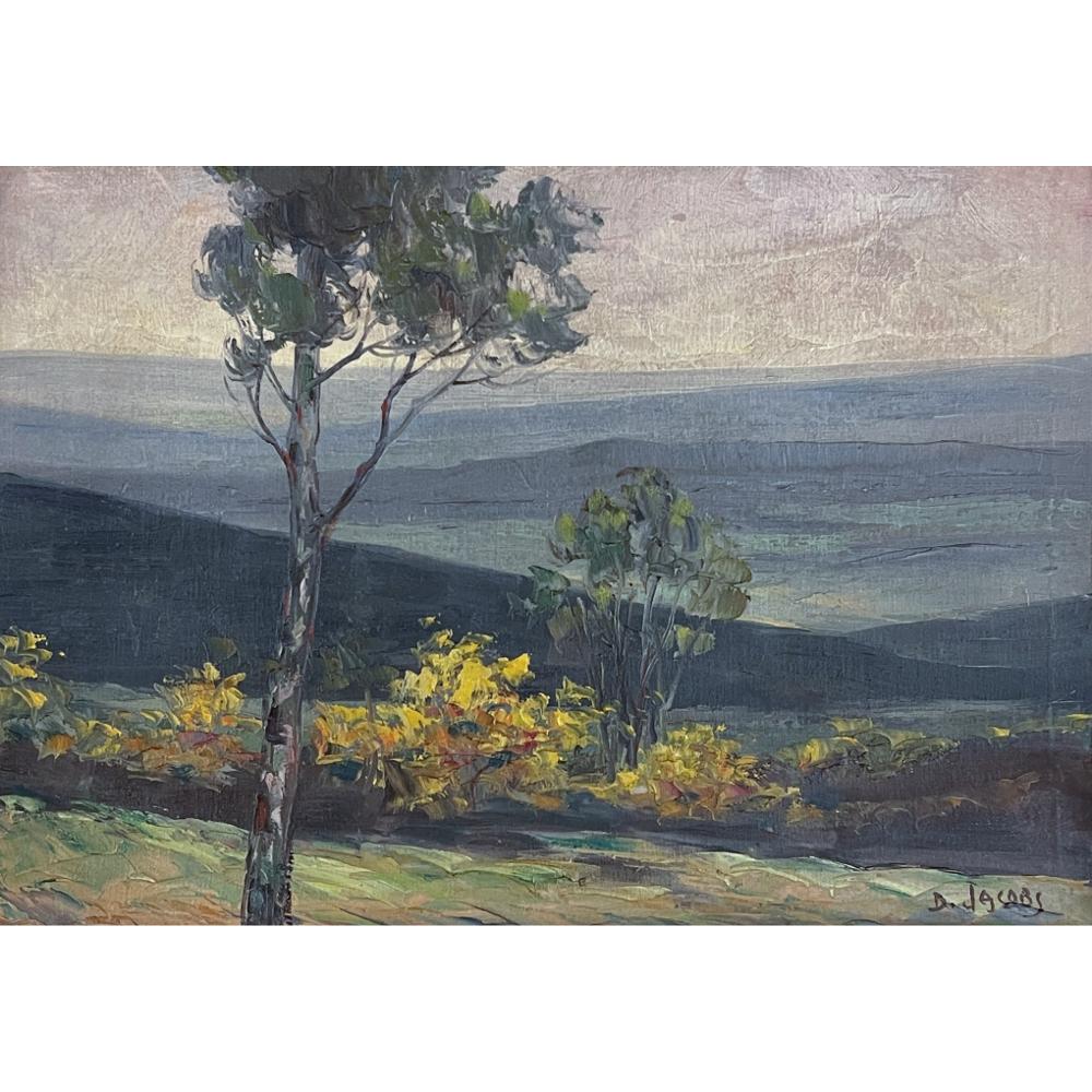 Antique Framed oil painting on board by Dieudonné Jacobs (1887-1967) is a splendid rendition of a stunning vista at dusk during the early fall season in the region around the Ardennes. Here Jacobs has used deft brush strokes to indicate movement
