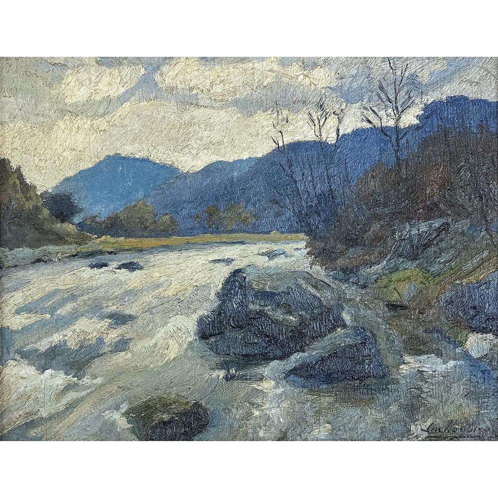 Antique Framed Oil Painting on Board by Lucien Houbiers (1876-1943) is dated April, 1928, and depicts a splendid impressionistic representation of the Ambleve river using a blue-dominant color palette. The Ambleve winds through the mountainous