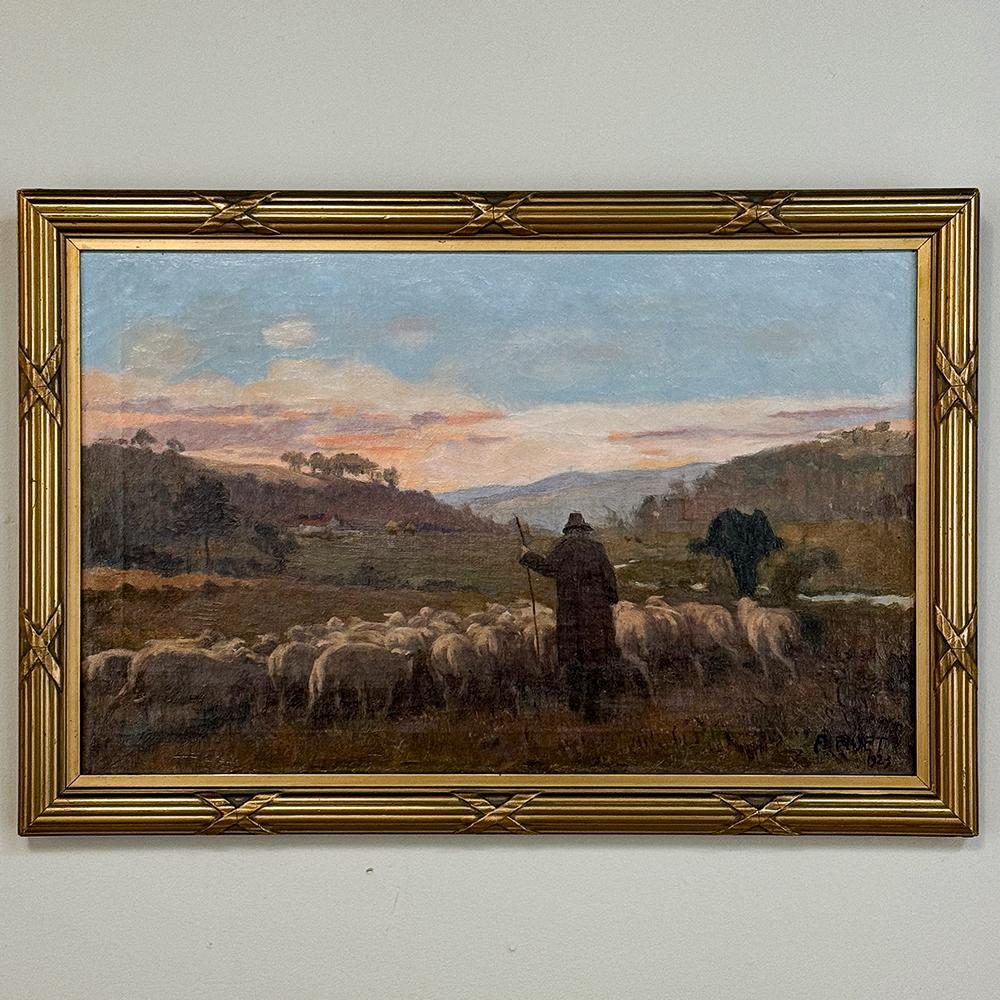 Peint à la main Peinture à l'huile sur toile ancienne encadrée de A. Fivet datée de 1923 en vente