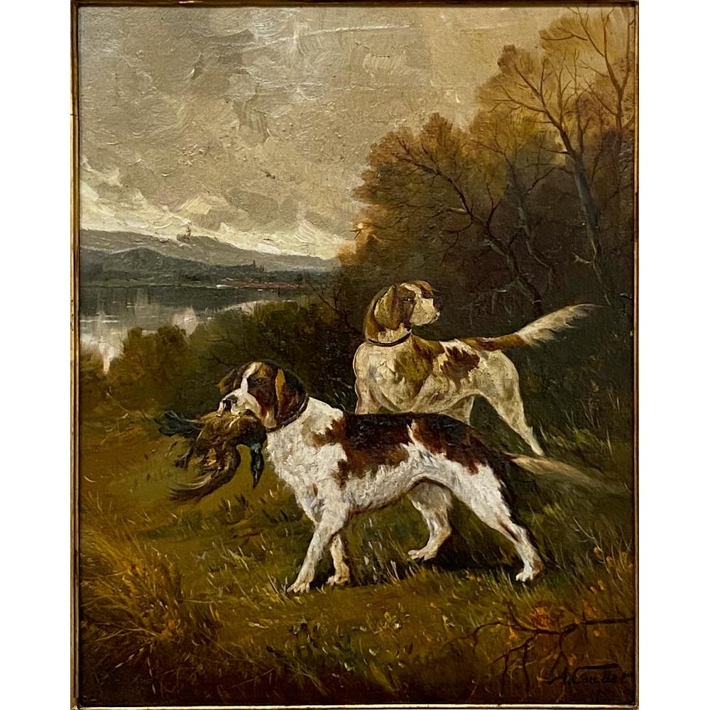 19th century framed oil painting on canvas by Albert Caullet (1875-1950) is a definitive study of setters on a brisk fall day during a successful hunt. The manner in which he has executed the sky and tails of the dogs indicates a blustery day.