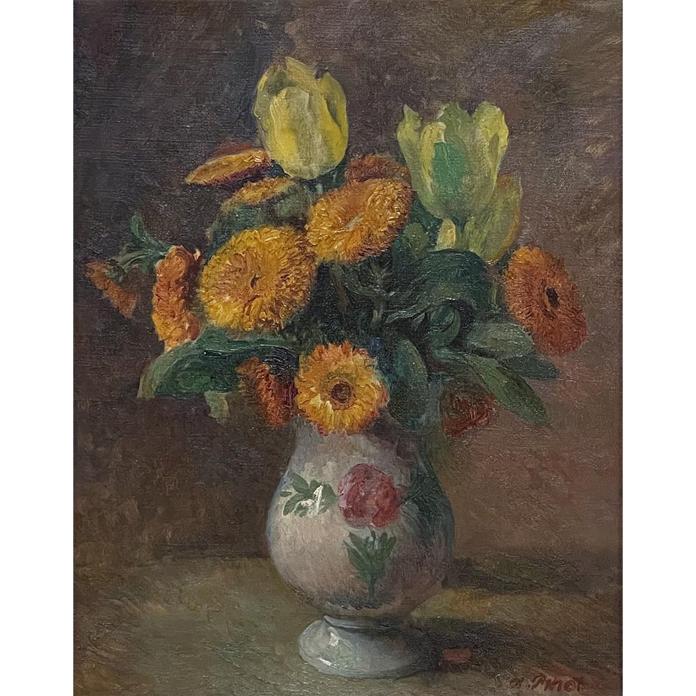 Antique Framed oil painting on canvas by Albert Pinot (1875-1962) is a lovely still life by the accomplished artist, who was known for a wide varieties of genres, including portraits, landscapes, figures and seascapes. Active in the area around