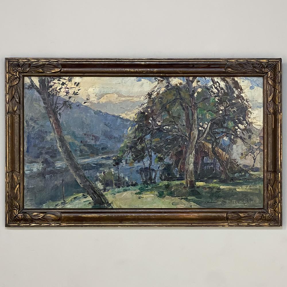 Antique Framed Oil Painting on Canvas by Berthe Otten-Rosier (1885-1973) will make the perfect addition to your collection, featuring a cool palette depicting a hilly, lush countryside with misty slopes in the background, and a single old tree in