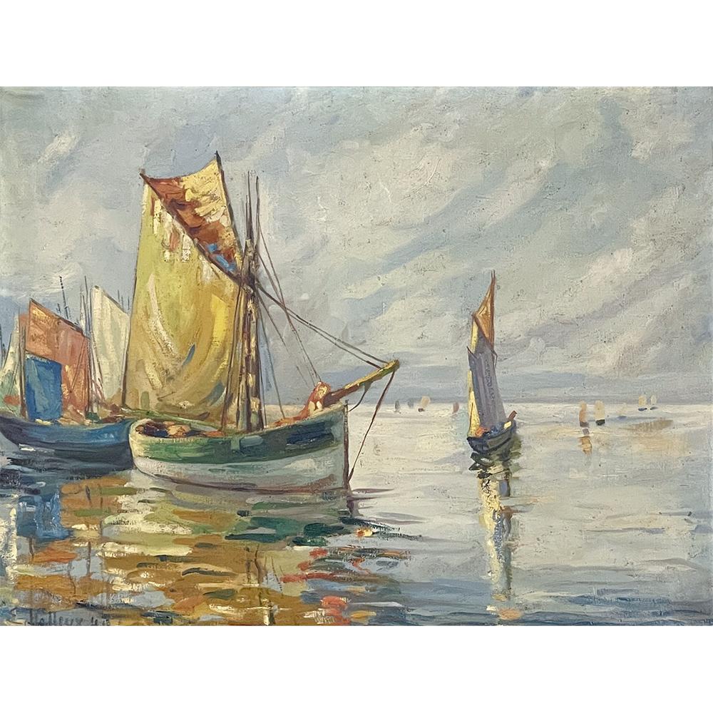 Antique framed oil painting on canvas by E. Halleux dated 1940 captures the timeless scene of a village's fishing fleet venturing out of the harbor in search of the day's catch. Halleux has captured a particularly calm morning with barely enough