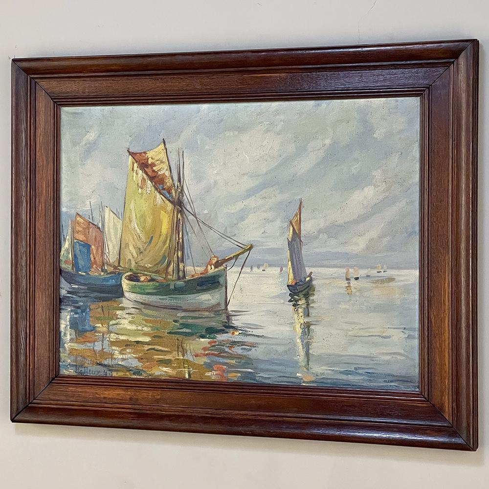 French Antique Framed Oil Painting on Canvas by E. Halleux Dated 1940 For Sale