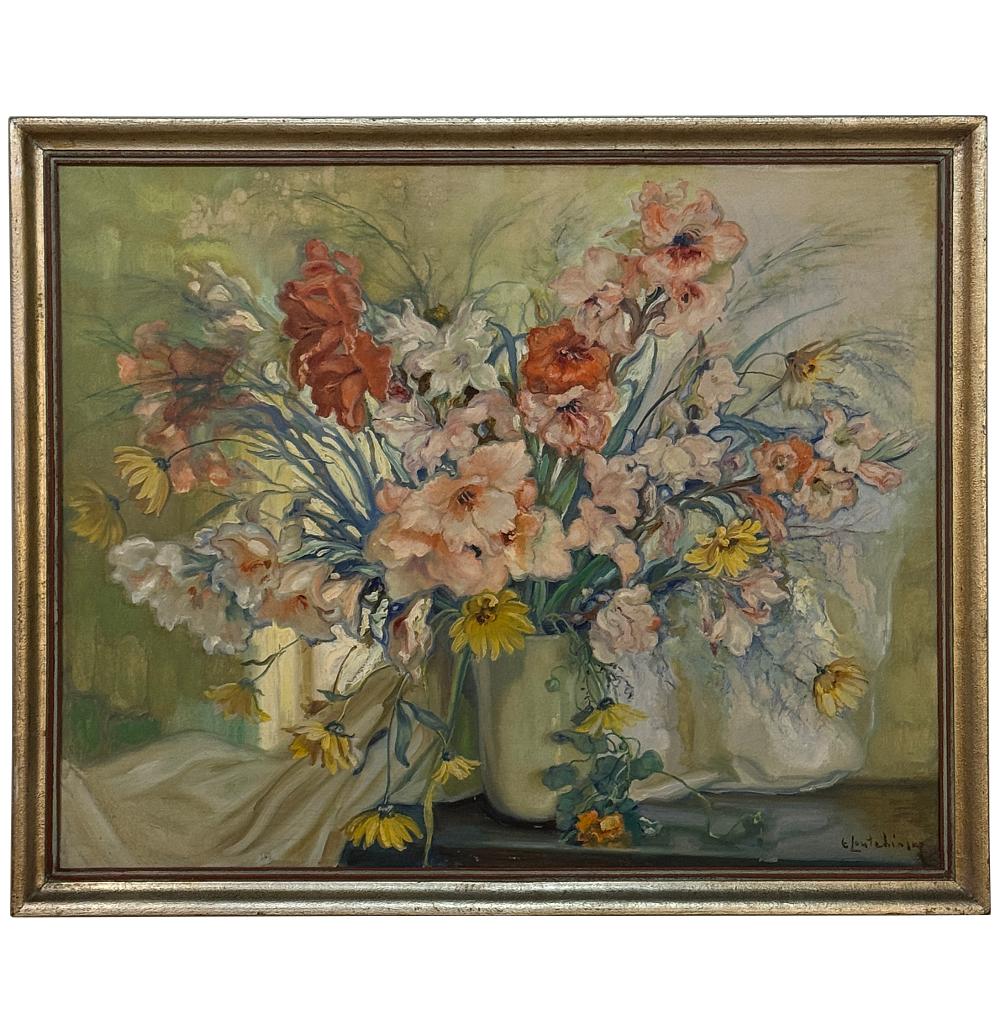 Das antike gerahmte Ölgemälde auf Leinwand von Euphrasia Loutchinsky (1887-1974) ist ein besonders beeindruckendes Werk, das das Talent der Künstlerin unter Beweis stellt.  Sie verbrachte ihr Leben in der späteren Sowjetunion, so dass über ihr Leben