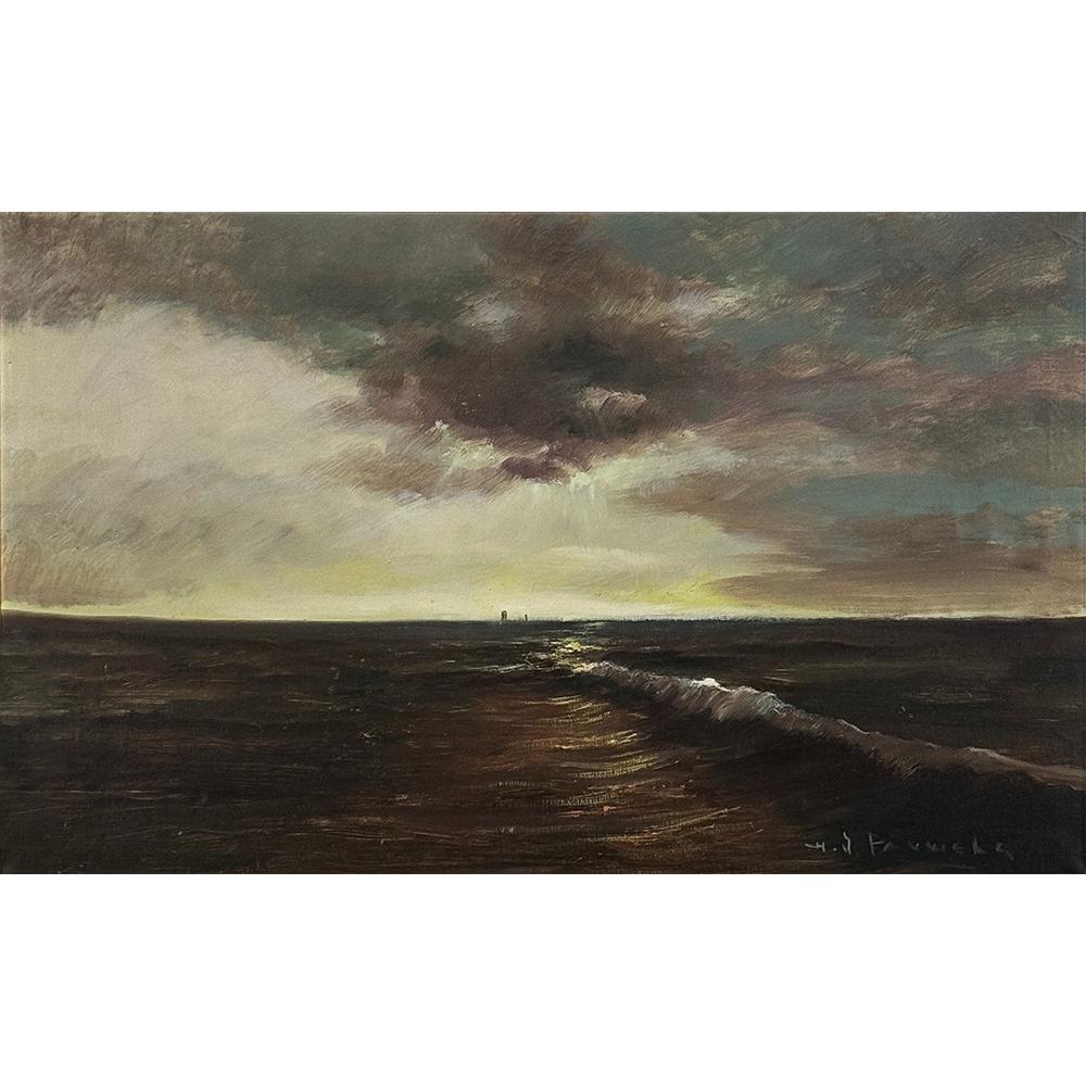 Antique Framed Oil Painting on Canvas by Henri Joseph Pauwels (1903-1983) is an intriguing work by the celebrated and prolific artist who is one of Belgium's favorite sons.  The interesting palette appears to depict a sunset at sea with a small yet