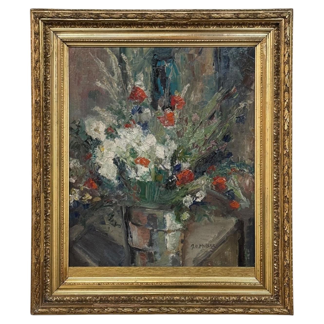 Peinture à l'huile sur toile ancienne encadrée de J. E. Muller en vente