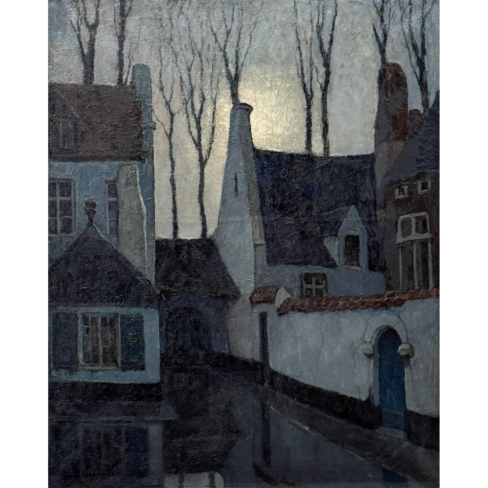 Antigua Pintura al Óleo sobre Lienzo enmarcada de J. Verstecken muestra a un artista inspirado en un pintoresco callejón entre dos impresionantes casas iluminado por la luz difusa de un sol invernal oculto por una espesa capa de nubes, que