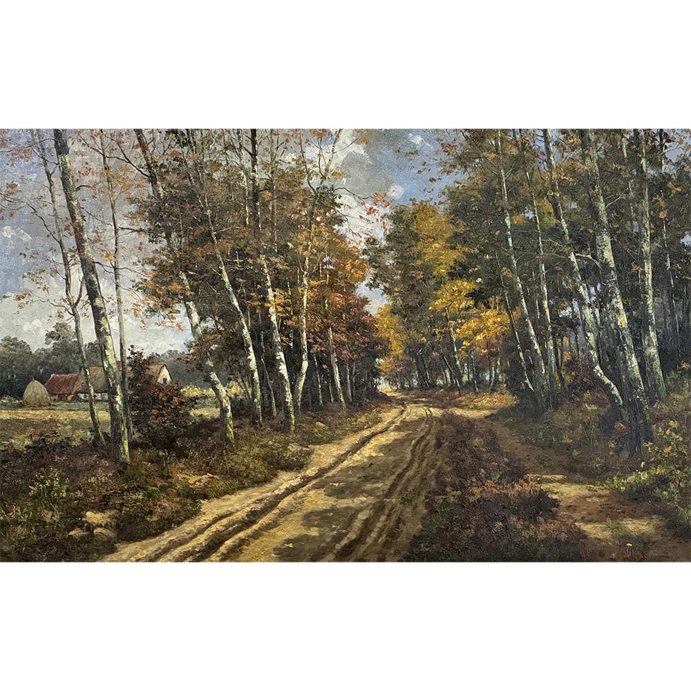 Das antike, gerahmte Ölgemälde auf Leinwand von Jan Van Genesen (1887-1945) zeigt eine Szene, die man überall in Europa auf dem Lande findet: eine zerfurchte, unbefestigte Straße, die sich durch einen Wald schlängelt, mit gelegentlichen Lichtungen