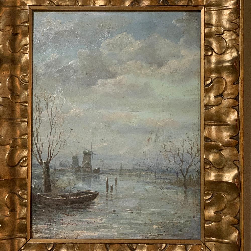 Antique framed oil painting on canvas by J.F. Hoppenbrouwers is an intriguing post-impressionist work that depicts a wintry scene along the coast. One can almost feel the North Sea breeze blowing in from the north. The dory in the foreground