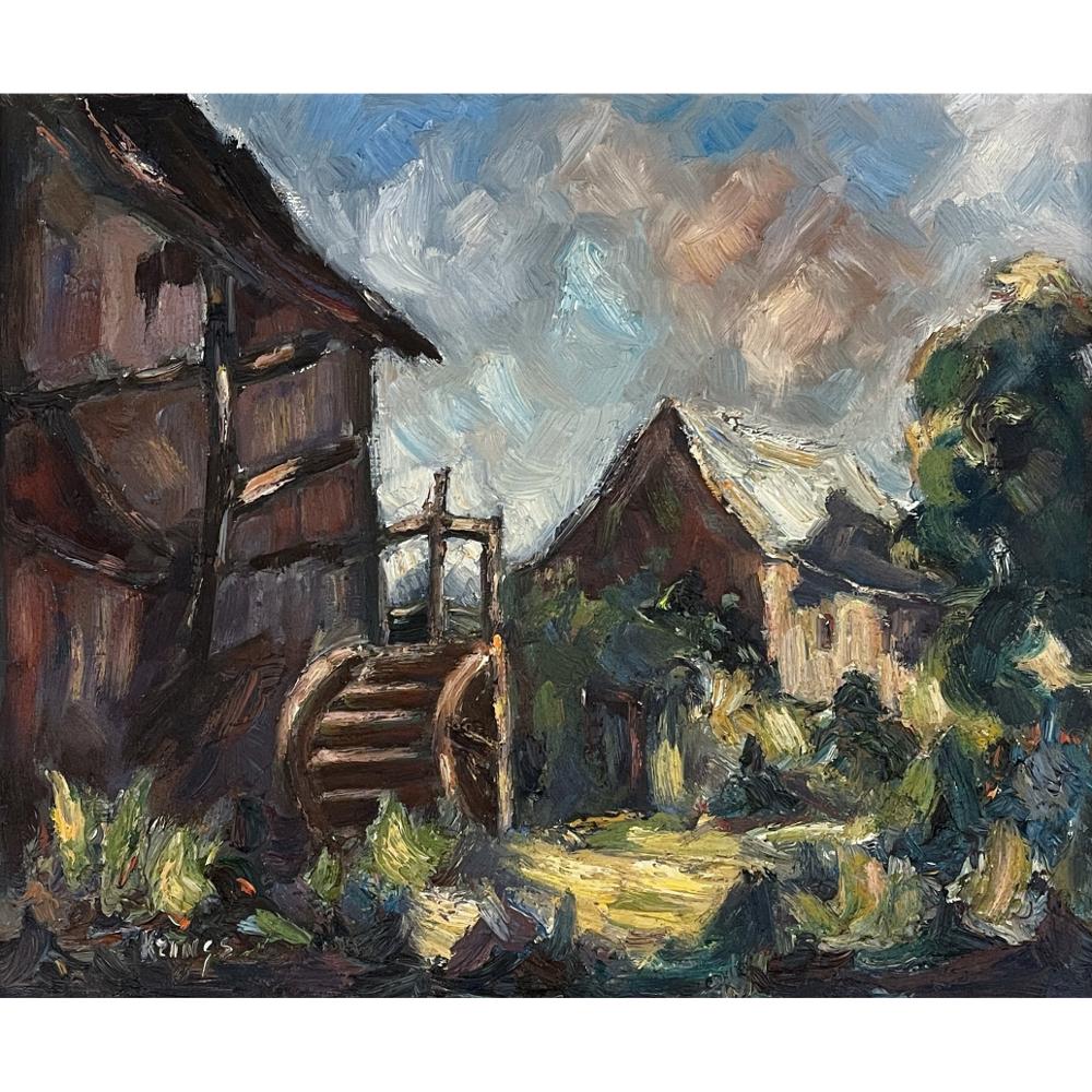 Antique framed oil painting on canvas by Krings represents an intriguing interpretation of the impressionistic style, with bold, slashing brush strokes and a broad palette of earth tones. The artist seems to be evoking the ruggedness of the rural
