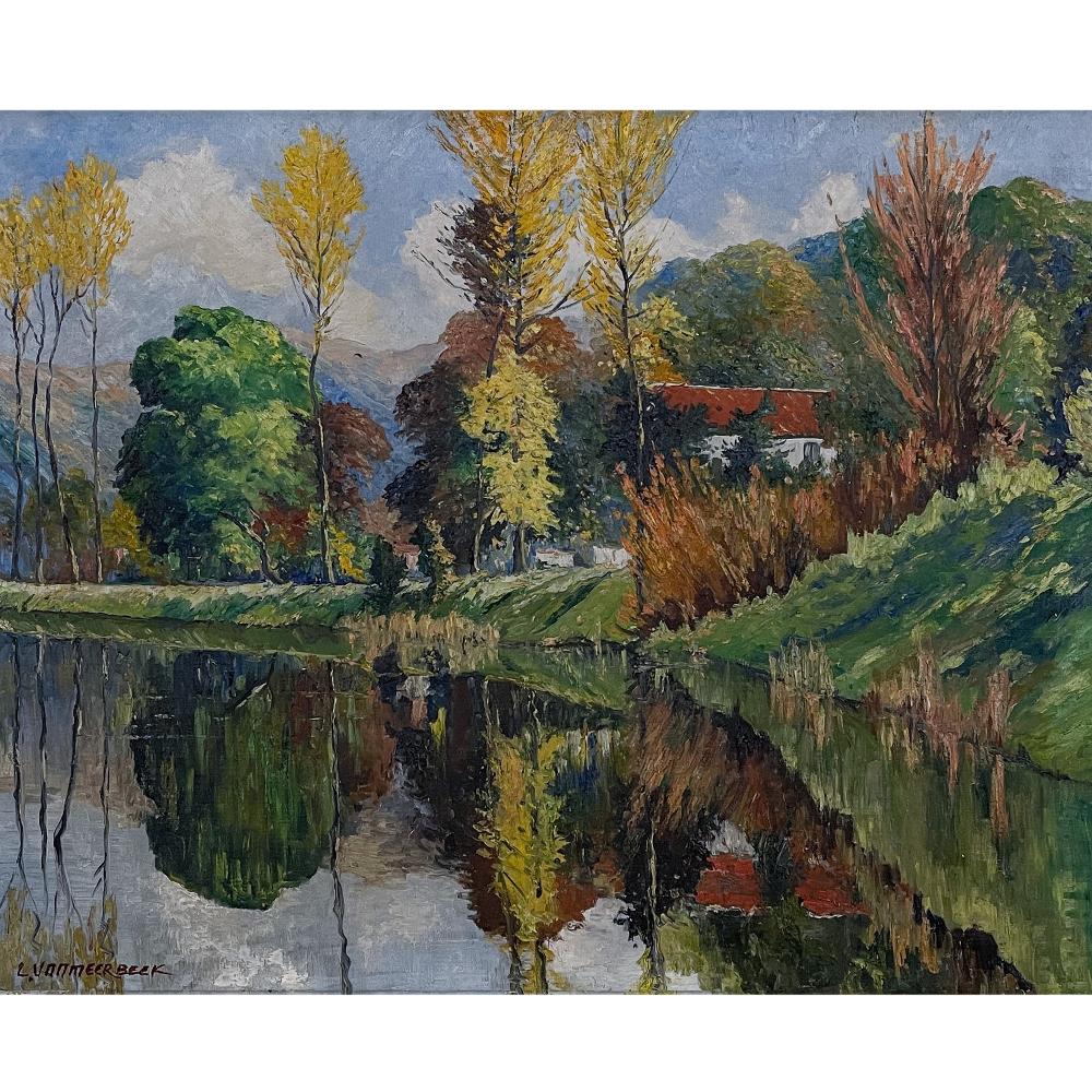 Cuadro antiguo al óleo sobre lienzo enmarcado de L. VanMeerbeek es una obra intrigante con un efecto visual que es a la vez sutil pero que define el impacto de la obra. La composición parece angulosa, con el tercio derecho del lienzo proyectándose