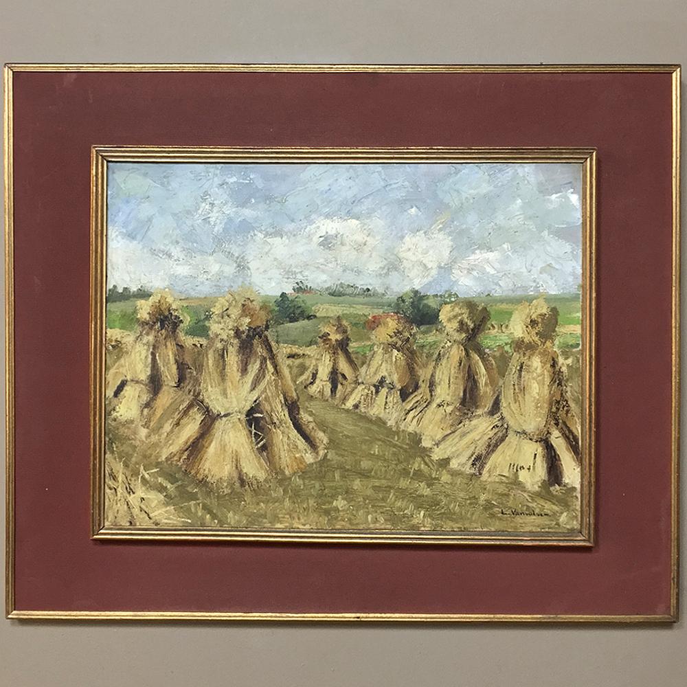 Ancienne peinture à l'huile sur toile encadrée de L. Vanvalsem dépeint une merveilleuse représentation impressionniste de la récolte du blé, avec une excellente disposition de la composition et une manipulation des couleurs par l'artiste. Survit