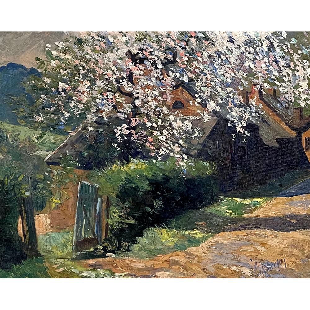 Antique framed oil painting on canvas by Leon de Fechereux (1884-1941) is an intense post-impressionist work of a charming cottage in Pommiers in northern France in the Pas de Calais and Arras regions. The name literally translates to 