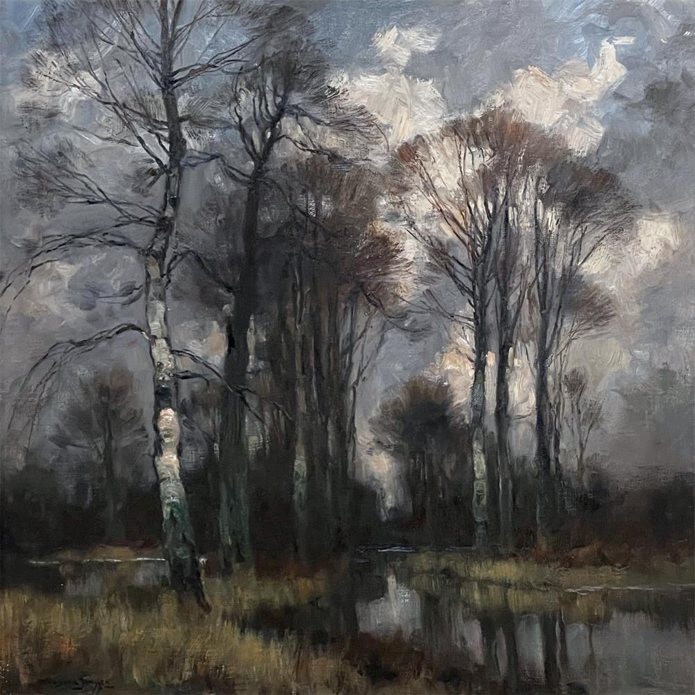 Antique framed oil painting on canvas by Ludovic Janssen (1888-1954) is an unusual work being a landscape in a square format. Janssen has used the emerging spring growth of the forest canopy to create a focal interest in the composition, set upon a