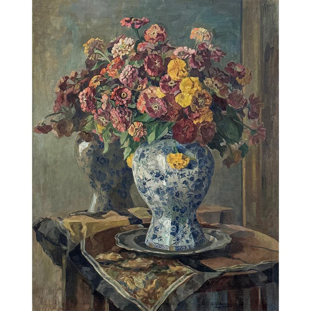 Antique Framed Oil Painting on Canvas by Marie Alexandre showcases the artist's talents in a variety of earth and jewel tones, sporting its original frame.  Combining the realism of the blue & white delft vase with the impressionistic backdrop,