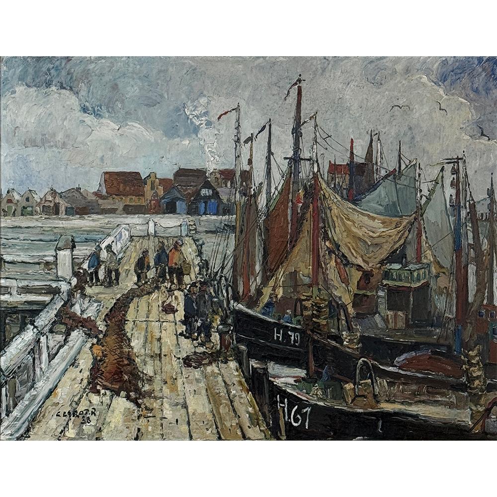 Das antike gerahmte Ölgemälde auf Leinwand von Rene Clarot (1882-1972) ist eine charmante Retrospektive eines Fischerdocks in einer malerischen belgischen Hafenstadt aus dem späten 19.  Man sieht, wie die Netze auf dem Dock trocknen, während die