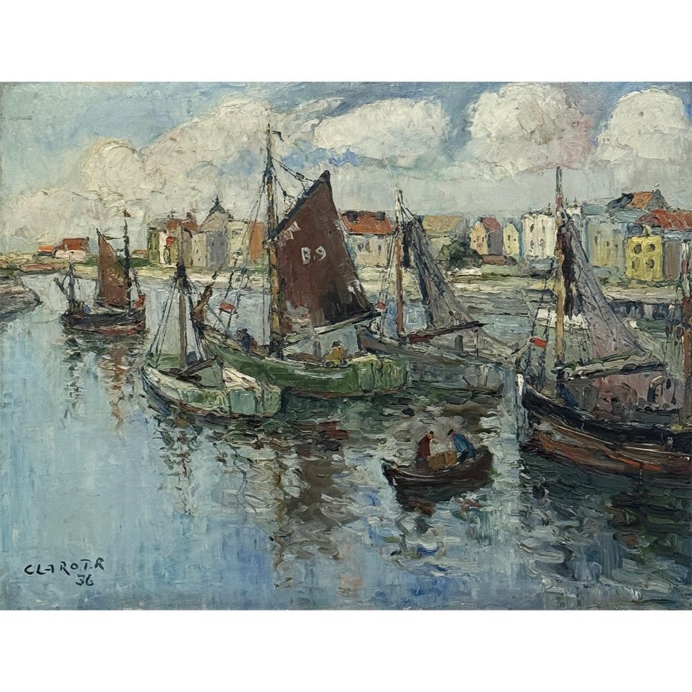 Das antike gerahmte Ölgemälde auf Leinwand von Rene Clarot (1882-1972) wurde 1936 gemalt und zeigt das ganze Talent des Künstlers!  Mit einer impressionistischen Methode mischte Clarot geschickt die blaue Farbpalette, die vom Himmel über die Wolken