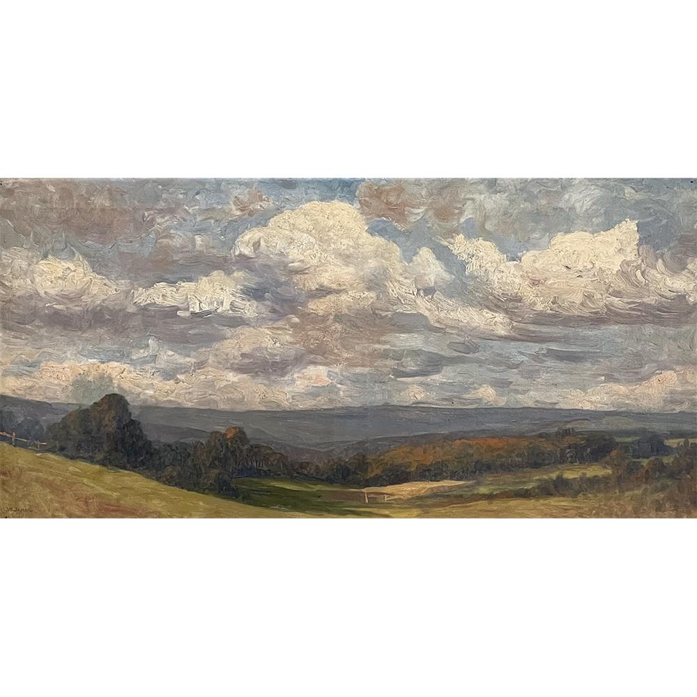 Antique framed oil painting on canvas by Walthere Jamar (1866-1950) is a panoramic landscape that captures the glory of nature in all her splendor! Jamar has used varying brush techniques to depict the valley in the foreground transitioning to the