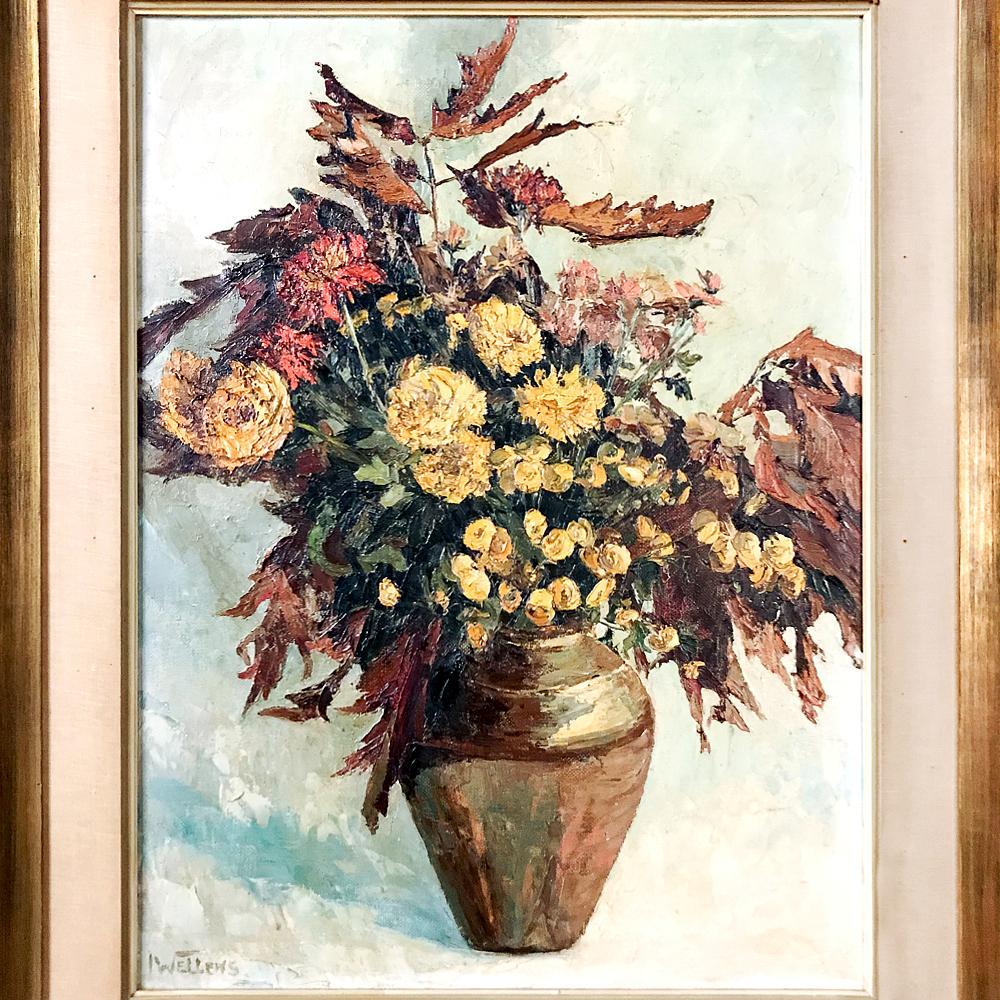Antique framed oil painting on canvas by Wellens is a stunning still life work, with amazing technique in coloration, texture and composition. Wellens has used a variety of application techniques to create a distinctive texture to the work, while