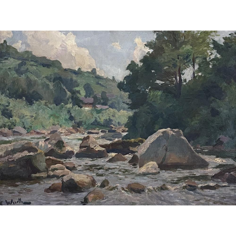 La peinture à l'huile ancienne encadrée sur toile de Xavier Wurth (1869-1933) est une œuvre captivante représentant la vallée magique de la rivière Ambleve. La région de la Wallonie présente un intérêt géologique intriguant en raison de la nature