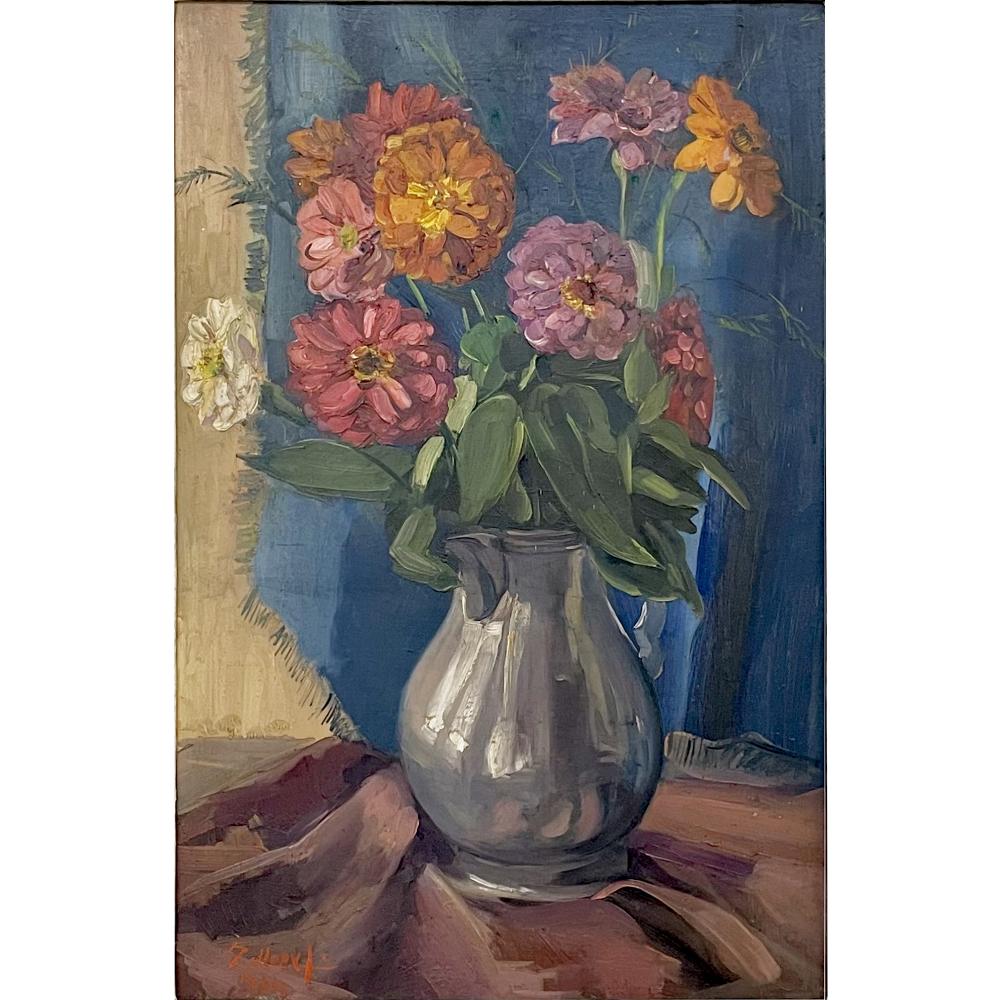 Antique framed oil painting on canvas by Zollepx is a beautiful work that depicts the classic still life of a pewter pitcher filled with colorful flowers and set by an open window. Painted in occupied Belgium during World War II, it is a testament