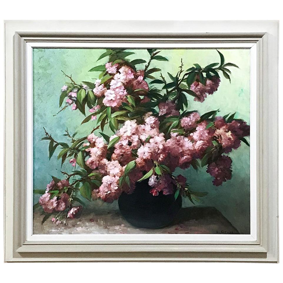 Antique Framed Oil Painting on Canvas Floral Still Life by E. Devos