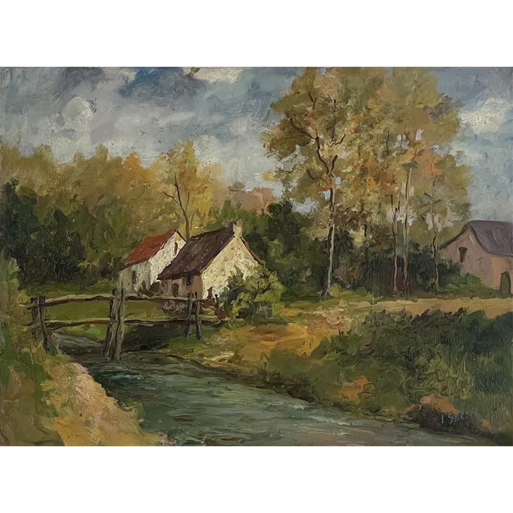 Antique framed oil painting on canvas is a splendid post-impressionistic work that captures the natural beauty of the rural life with a quaint grouping of cottages along the waterside. The babbling brook creates an invitation to the viewer to step