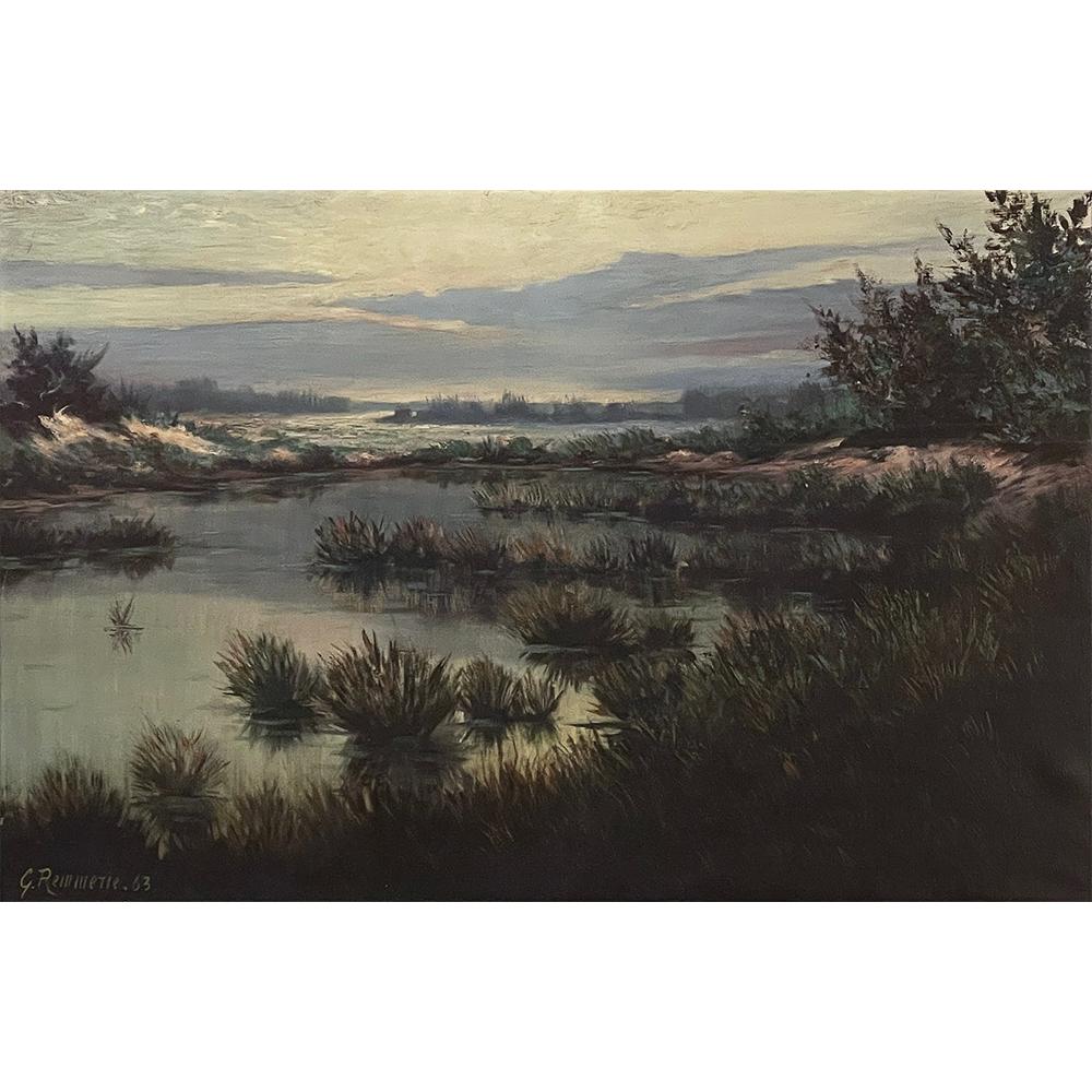 Antique Framed Oil Painting on Canvas by G. Remmerie is an interesting take on the classic landscape painting, where the artist has captured a low lying marshy area under an overcast sky.  The combination of water, sky  and abundant plant life