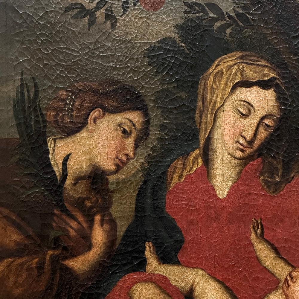 Antigua Pintura al Óleo Enmarcada sobre Lienzo de Madonna, Child & Angel ~ Escuela Flamenca en venta 4