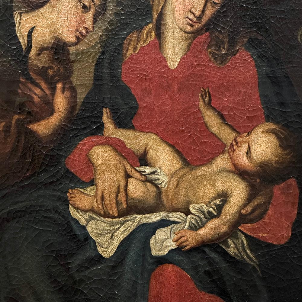 Antigua Pintura al Óleo Enmarcada sobre Lienzo de Madonna, Child & Angel ~ Escuela Flamenca en venta 5