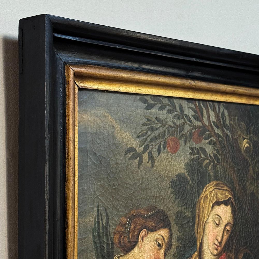 Antigua Pintura al Óleo Enmarcada sobre Lienzo de Madonna, Child & Angel ~ Escuela Flamenca en venta 6