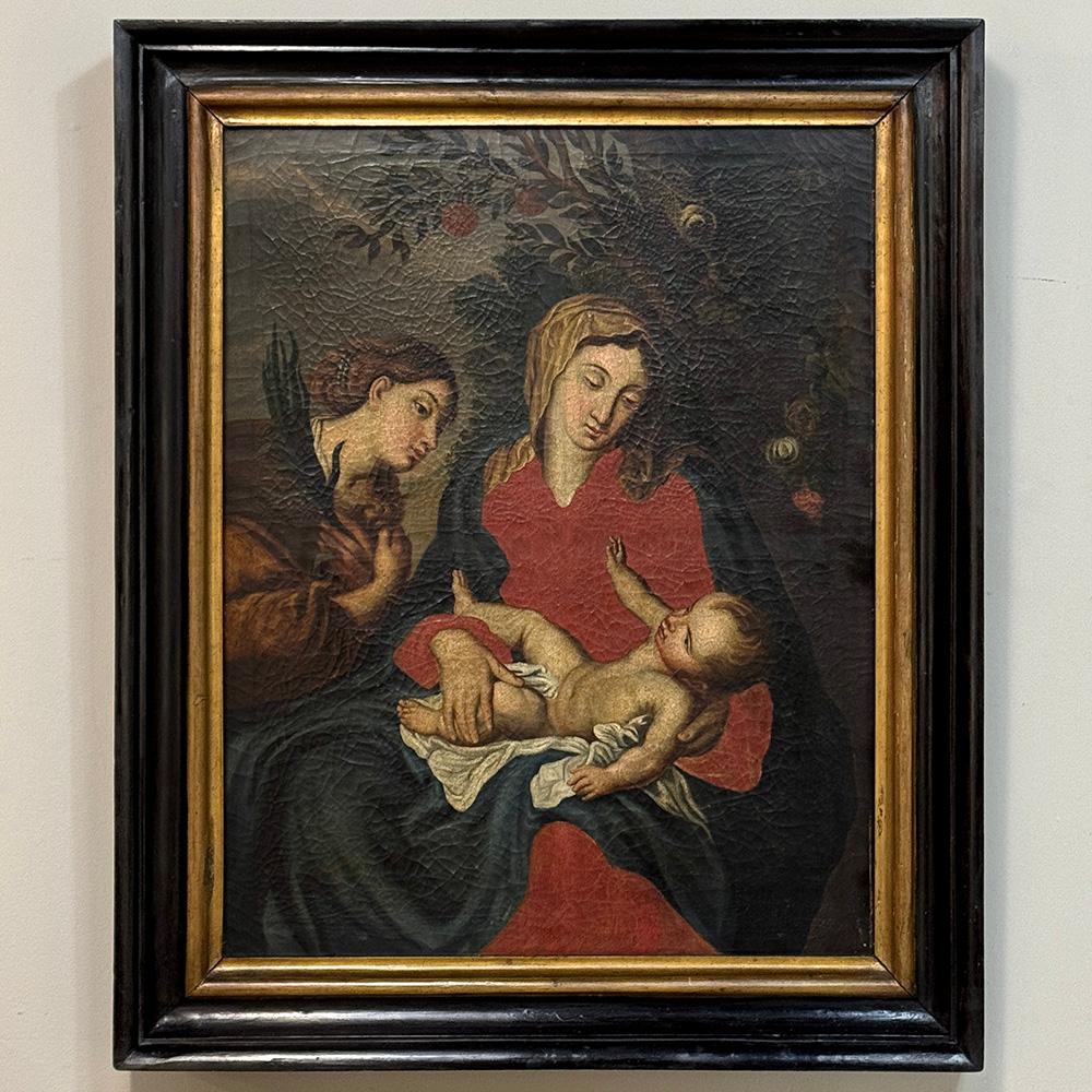 Antigua Pintura al Óleo Enmarcada sobre Lienzo de Madonna, Child & Angel ~ Escuela Flamenca Belga en venta