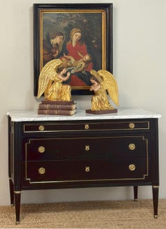 Peinture à l'huile ancienne sur toile, encadrée, représentant la Madone, le Child & l'Ange ~ École flamande