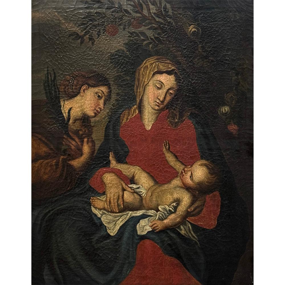 Antigua Pintura al Óleo Enmarcada sobre Lienzo de Madonna, Child & Angel ~ Escuela Flamenca Bellas artes en venta
