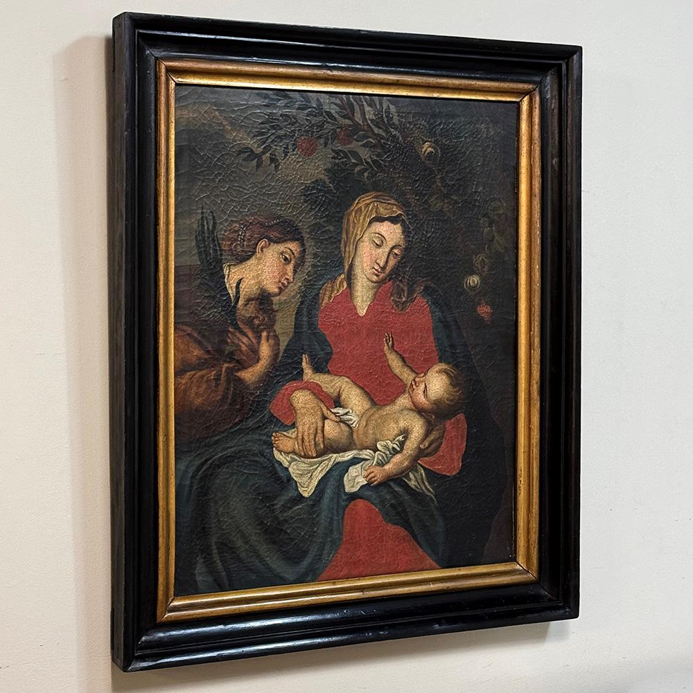 Antigua Pintura al Óleo Enmarcada sobre Lienzo de Madonna, Child & Angel ~ Escuela Flamenca Pintado a mano en venta