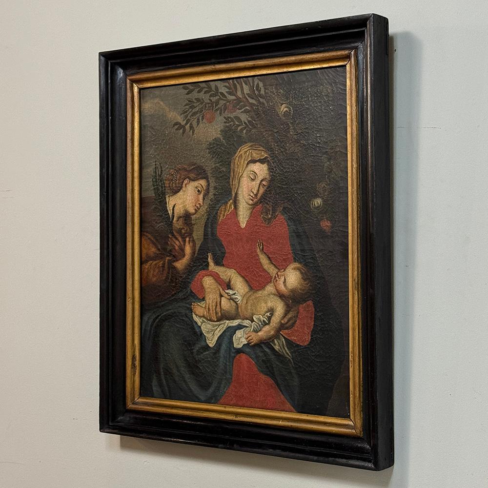 Antigua Pintura al Óleo Enmarcada sobre Lienzo de Madonna, Child & Angel ~ Escuela Flamenca en Bueno estado para la venta en Dallas, TX