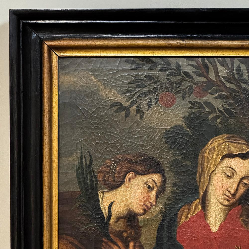 Antigua Pintura al Óleo Enmarcada sobre Lienzo de Madonna, Child & Angel ~ Escuela Flamenca siglo XX en venta