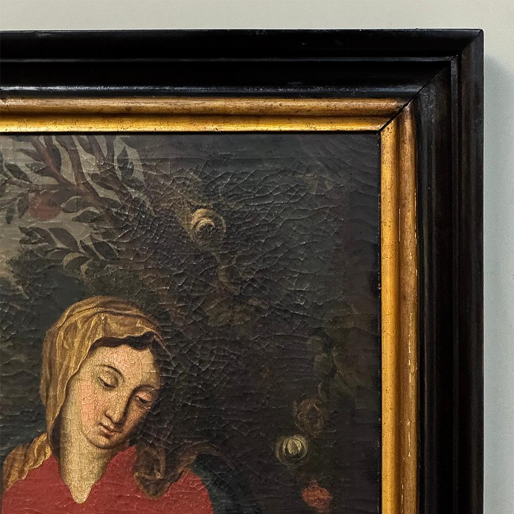 Antigua Pintura al Óleo Enmarcada sobre Lienzo de Madonna, Child & Angel ~ Escuela Flamenca en venta 1