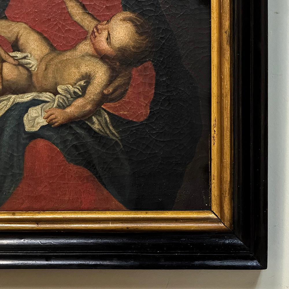Antigua Pintura al Óleo Enmarcada sobre Lienzo de Madonna, Child & Angel ~ Escuela Flamenca en venta 2