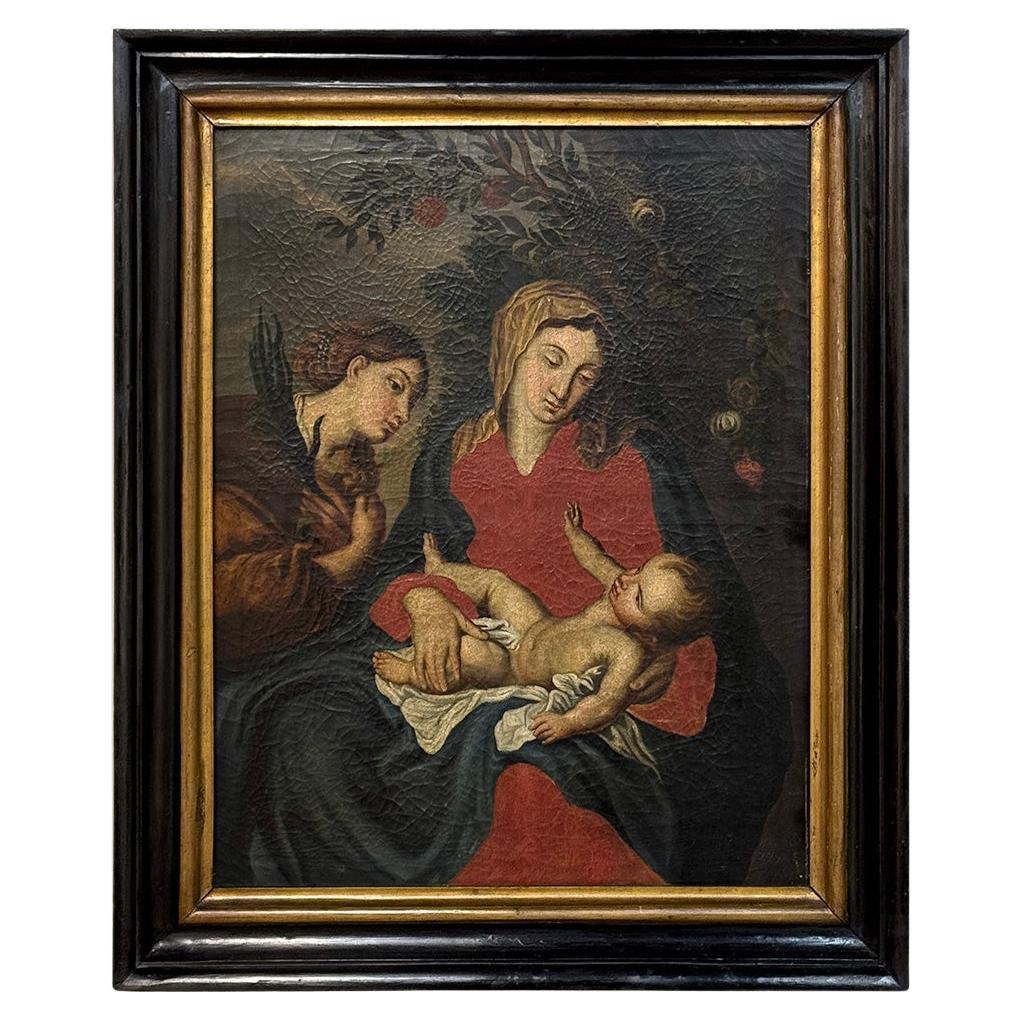 Antigua Pintura al Óleo Enmarcada sobre Lienzo de Madonna, Child & Angel ~ Escuela Flamenca