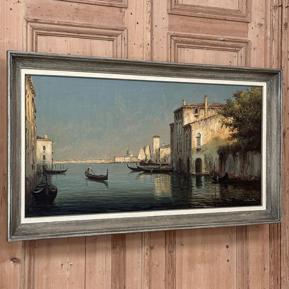 Antique Framed Oil Painting on Canvas of Venice by Mauretti is a superlative example of an Italian vedute, an art form originally intended for Venetian dignitaries and later blossoming as souvenirs over the last several centuries, inspired by