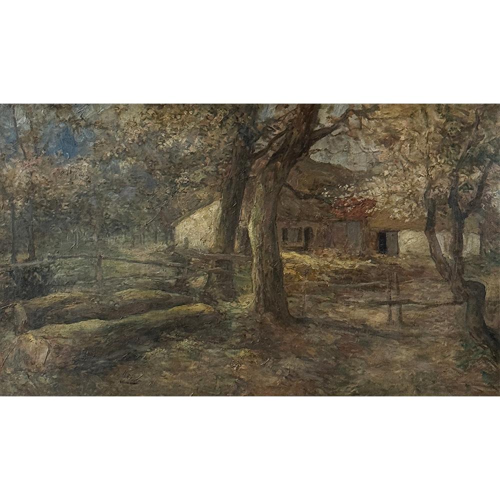 L'antico dipinto a olio su tela con cornice, firmato A. Heins, è una meravigliosa rappresentazione di un incantevole cottage nel bosco, resa con un pennello abile su una tavolozza morbida e dai toni della terra.  I colori utilizzati indicano che si