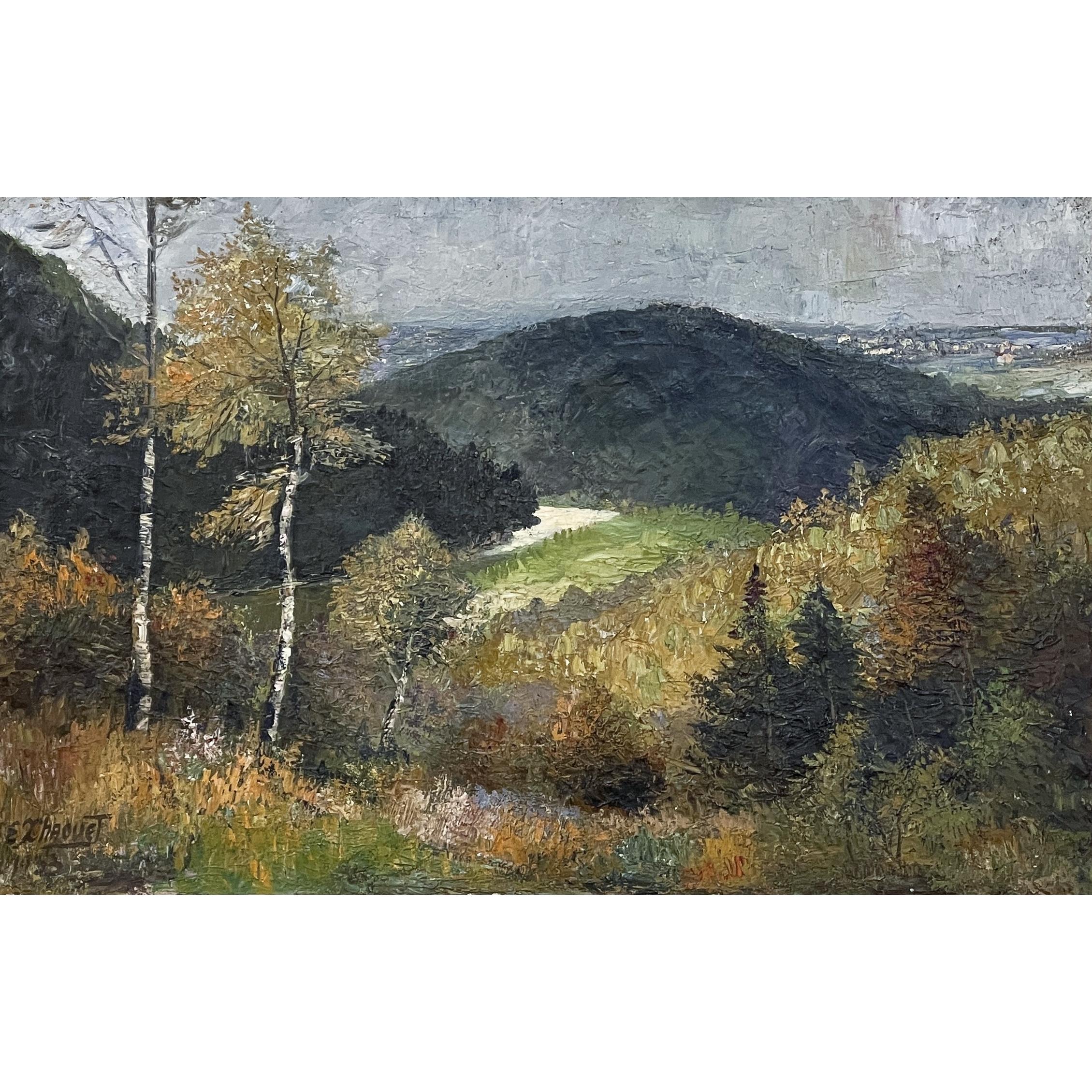 Antique framed oil painting on canvas signed E.X. Chaouet is a captivating pastoral inspired by the rolling hills around the northern French plains. Here we see depicted an early Fall period, with colors just starting to change. From the artist's