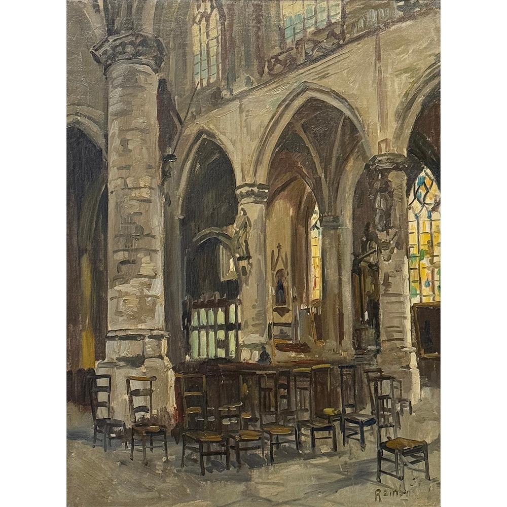 Antique Framed Oil Painting on Canvas signed Rainbo depicts the interior of a cathedral, most likely the most prominent church in the city.  The artist has used a superb sense of perspective to immerse the viewer into the scene.  Note the