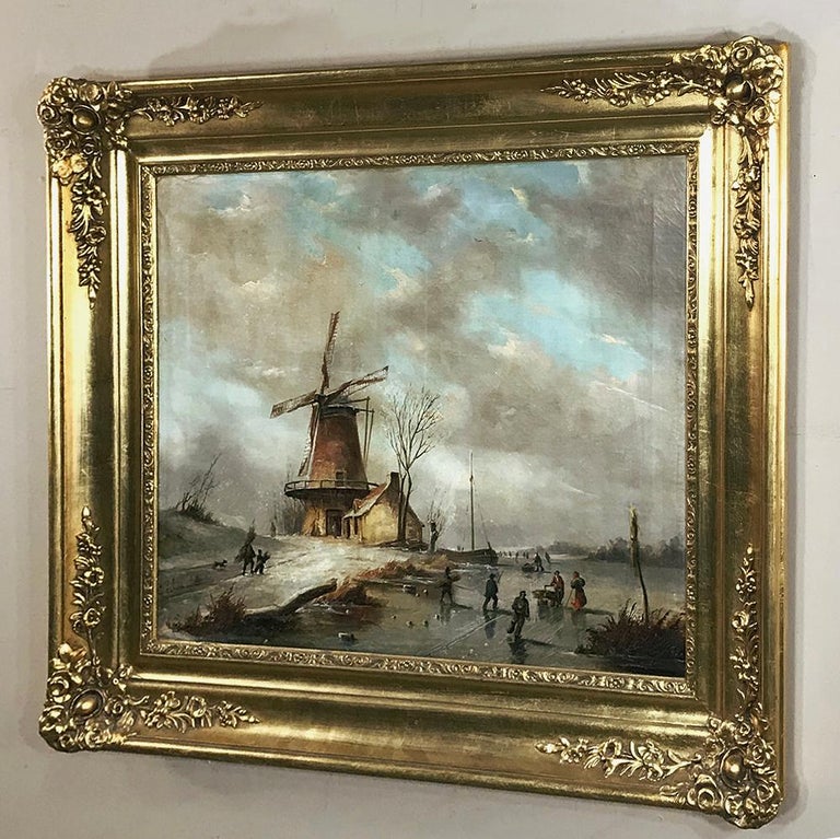 Antique Framed Oil Painting on Canvas "Wintry Landscape with Windmill