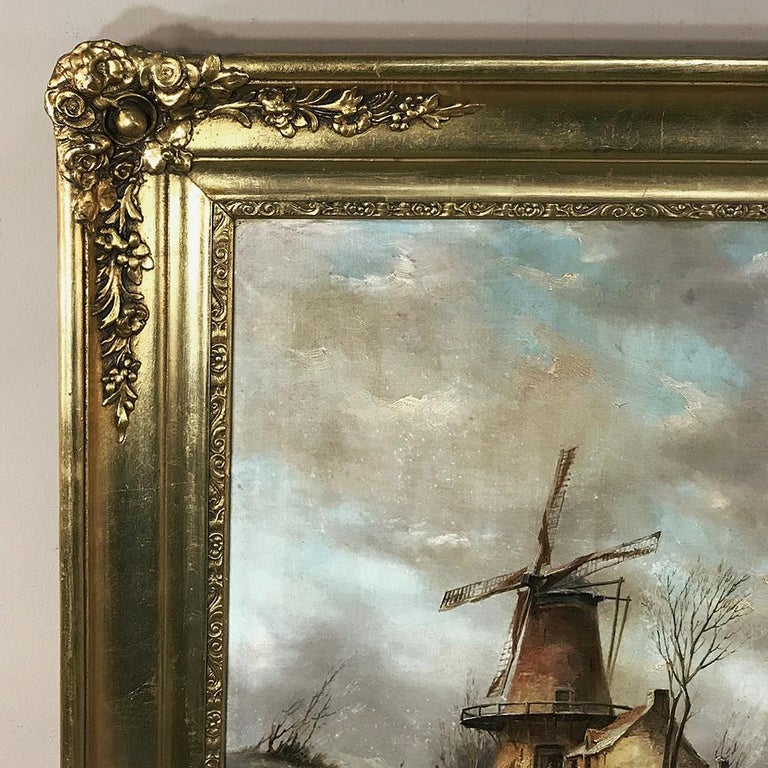 Antique Framed Oil Painting on Canvas "Wintry Landscape with Windmill
