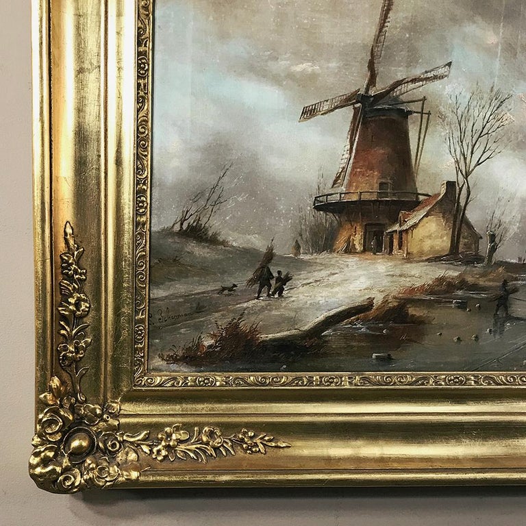 Antique Framed Oil Painting on Canvas "Wintry Landscape with Windmill
